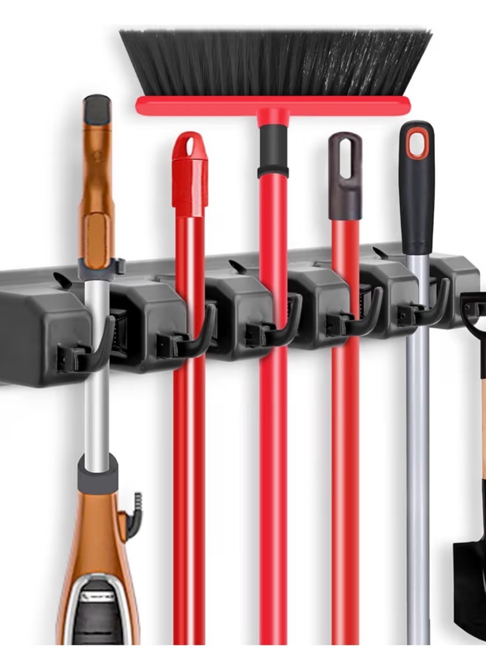 New. Mop and Broom Holder, Wall Mounted Organizer-5 Ball Slots and 6 Hooks